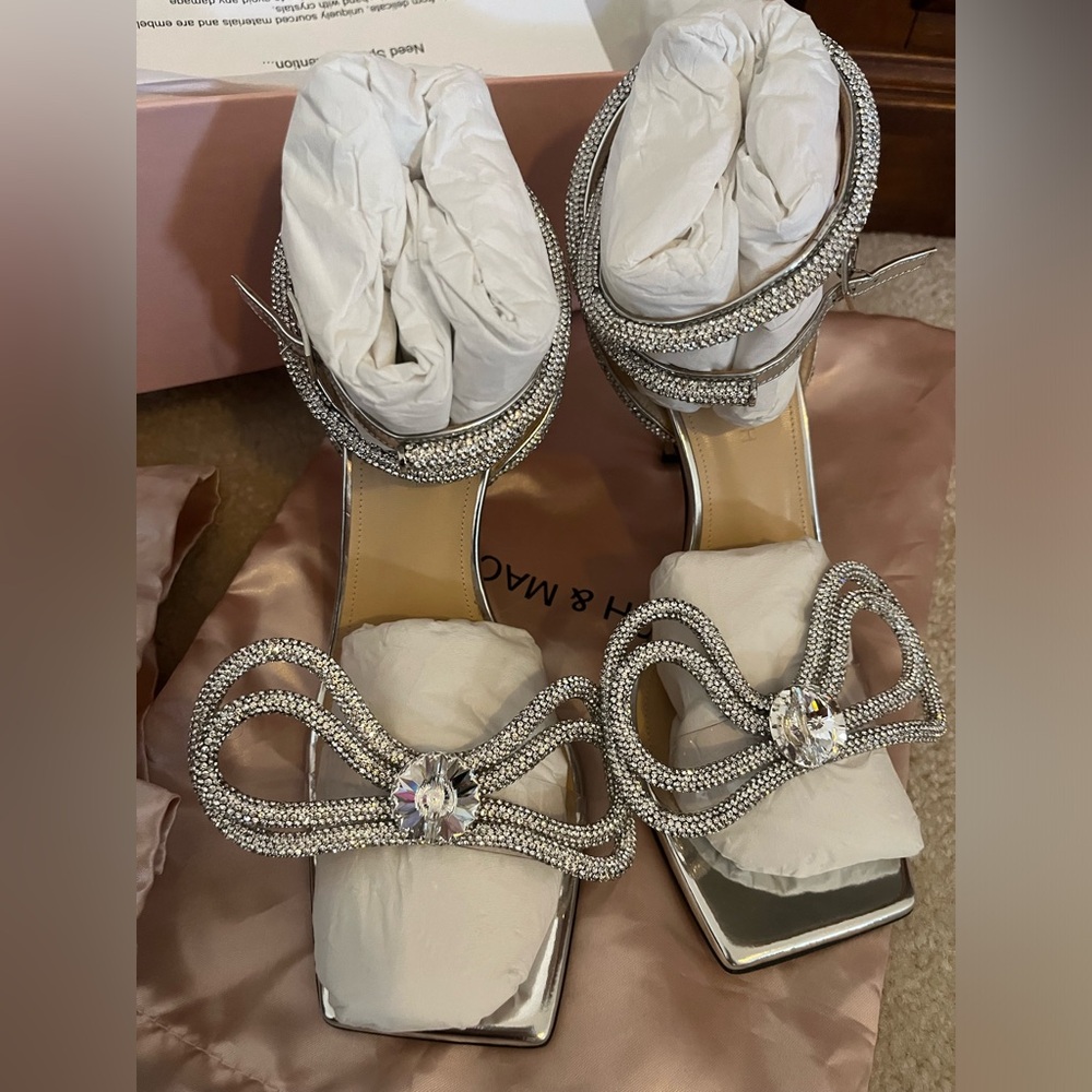Mach & Mach Silver Bow Sandals Crystal Embellish Size 38.